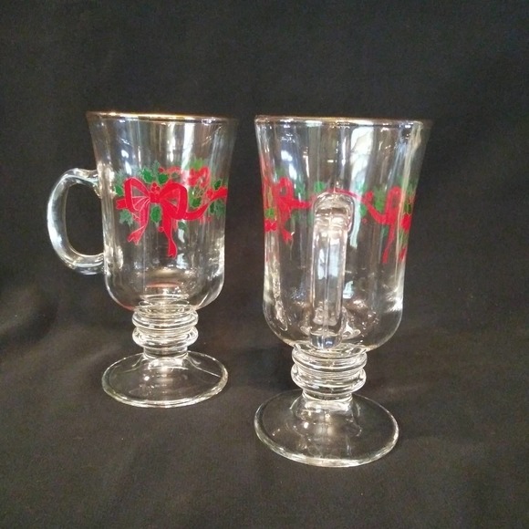 2 Vintage Libbey Clear Glass Pedestal Christmas Bow Irish Coffee Mugs Gold Trim - Picture 3 of 11